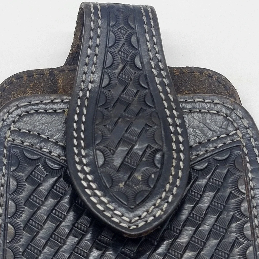 Western Black Leather Phone Holster With Basketweave Pattern And Swivel Clip - Picture 9 of 14